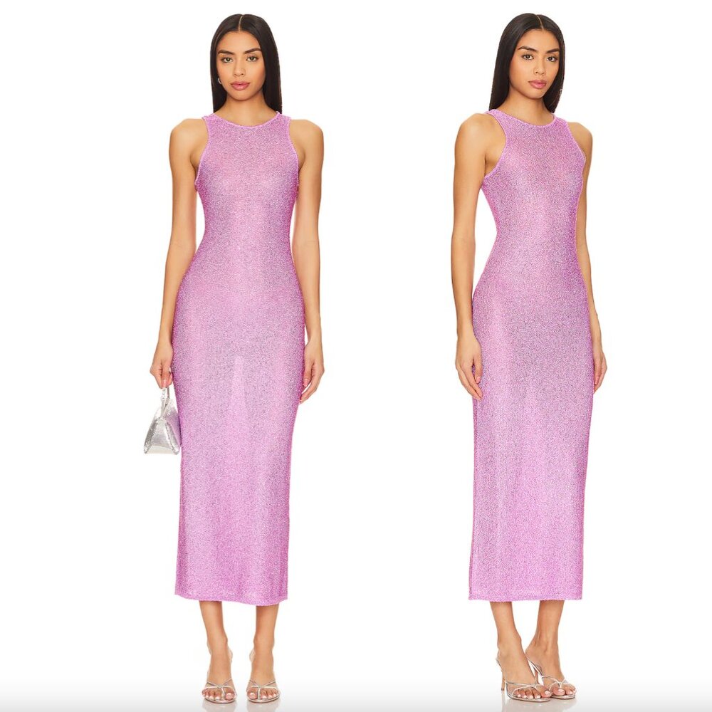 NEW Lovers and Friends Hollis Sequin Midi Dress in Pink Purple Sheer Knit Mesh